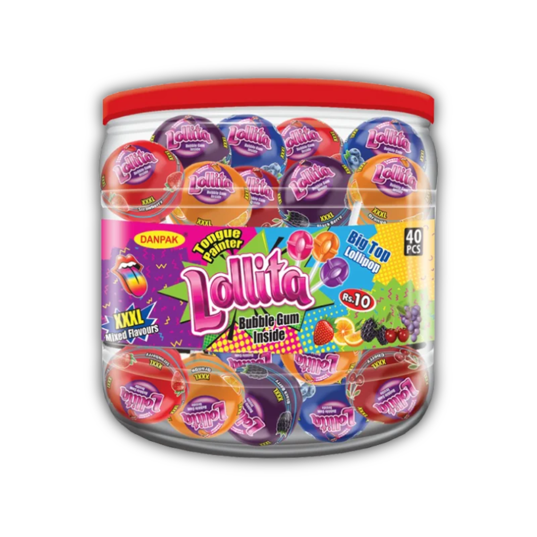 DanPak Lollita Bubble Gum Lollipop Jar – 60 Mixed Flavour Lollipops